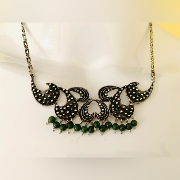 Real silver 3 Pc jewelry set choker necklace ear rings green semiprecious stones - Picture 9 of 13